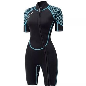 Women's Black and Blue Short Sleeve Swim One Piece